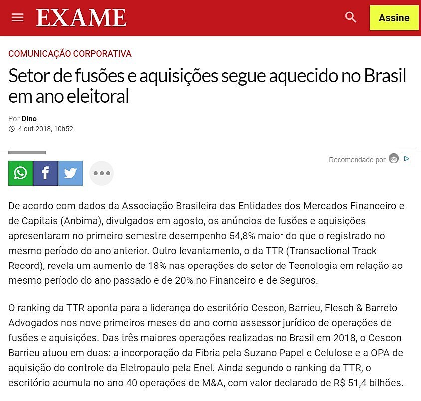 Setor de fuses e aquisies segue aquecido no Brasil em ano eleitoral